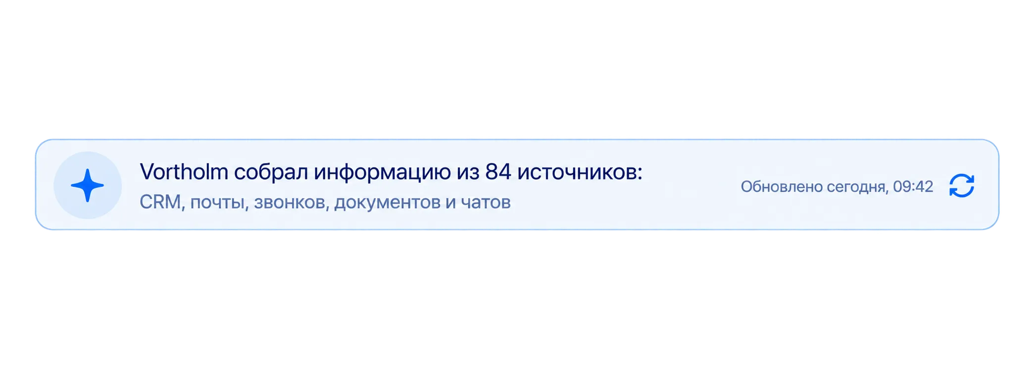 Vortholm собрал информацию из 84 источников: CRM, почты, звонков, документов и чатов