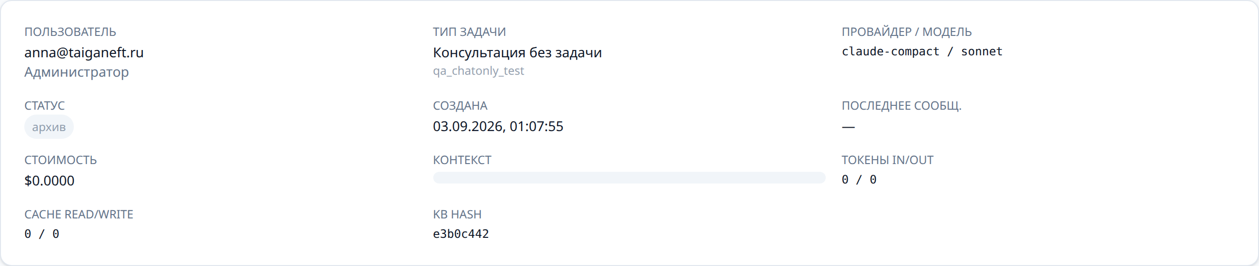 Карточка чата: сведения о сессии
