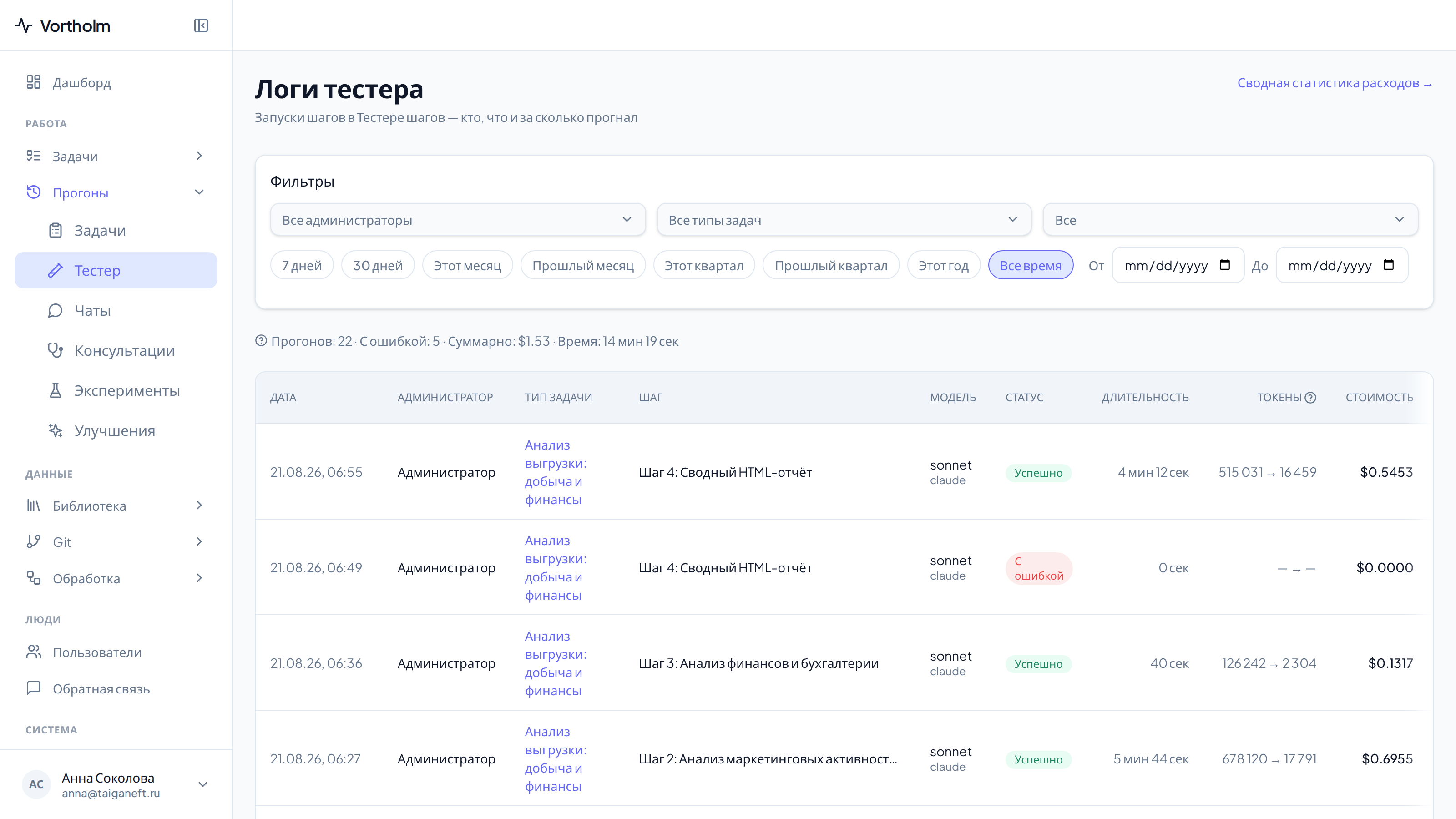 «Логи тестера»: фильтры по администратору и типу задачи, строка итогов и таблица запусков