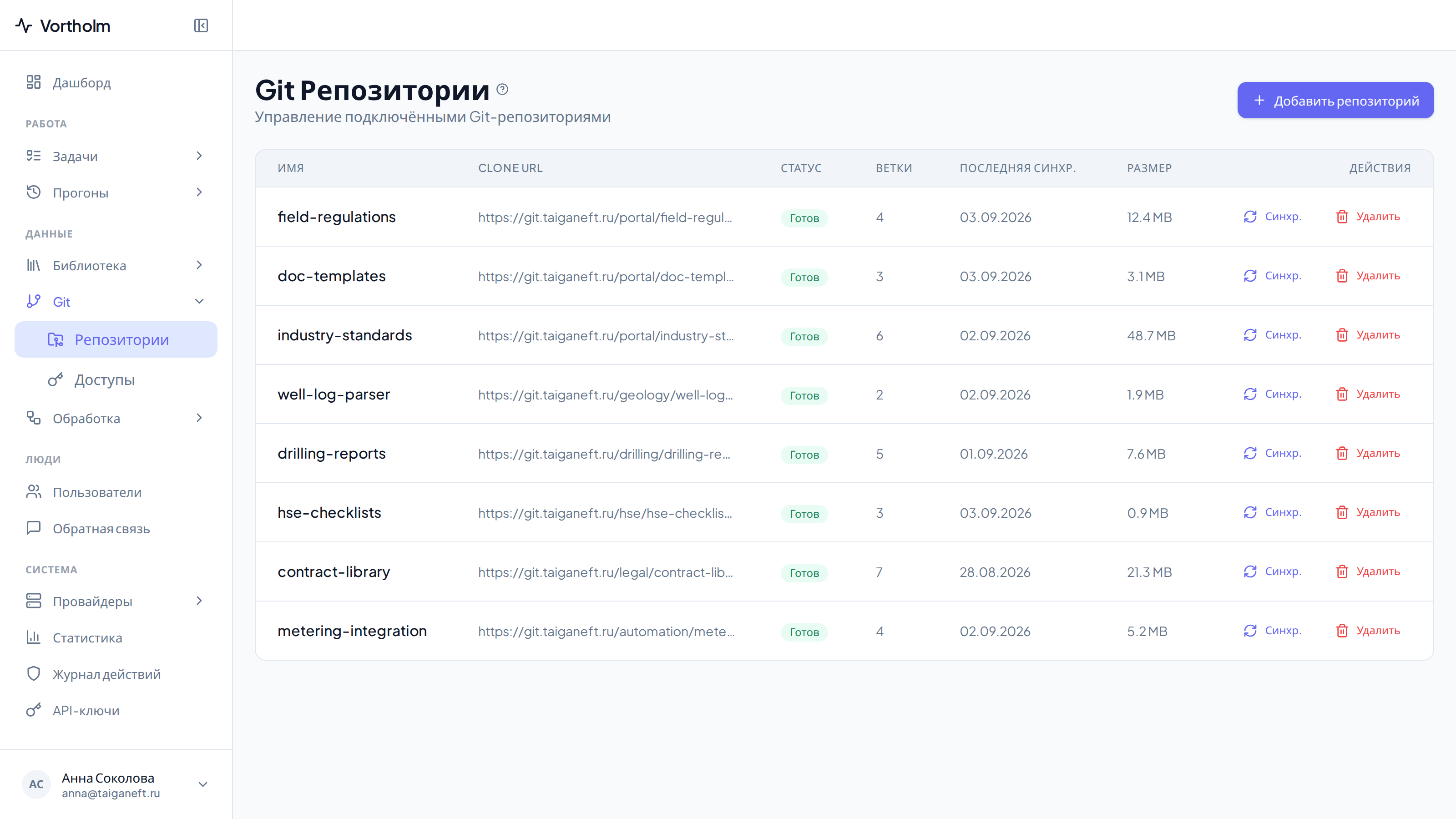 Список подключений: состояние, число веток, когда последний раз обновлялось и сколько занимает